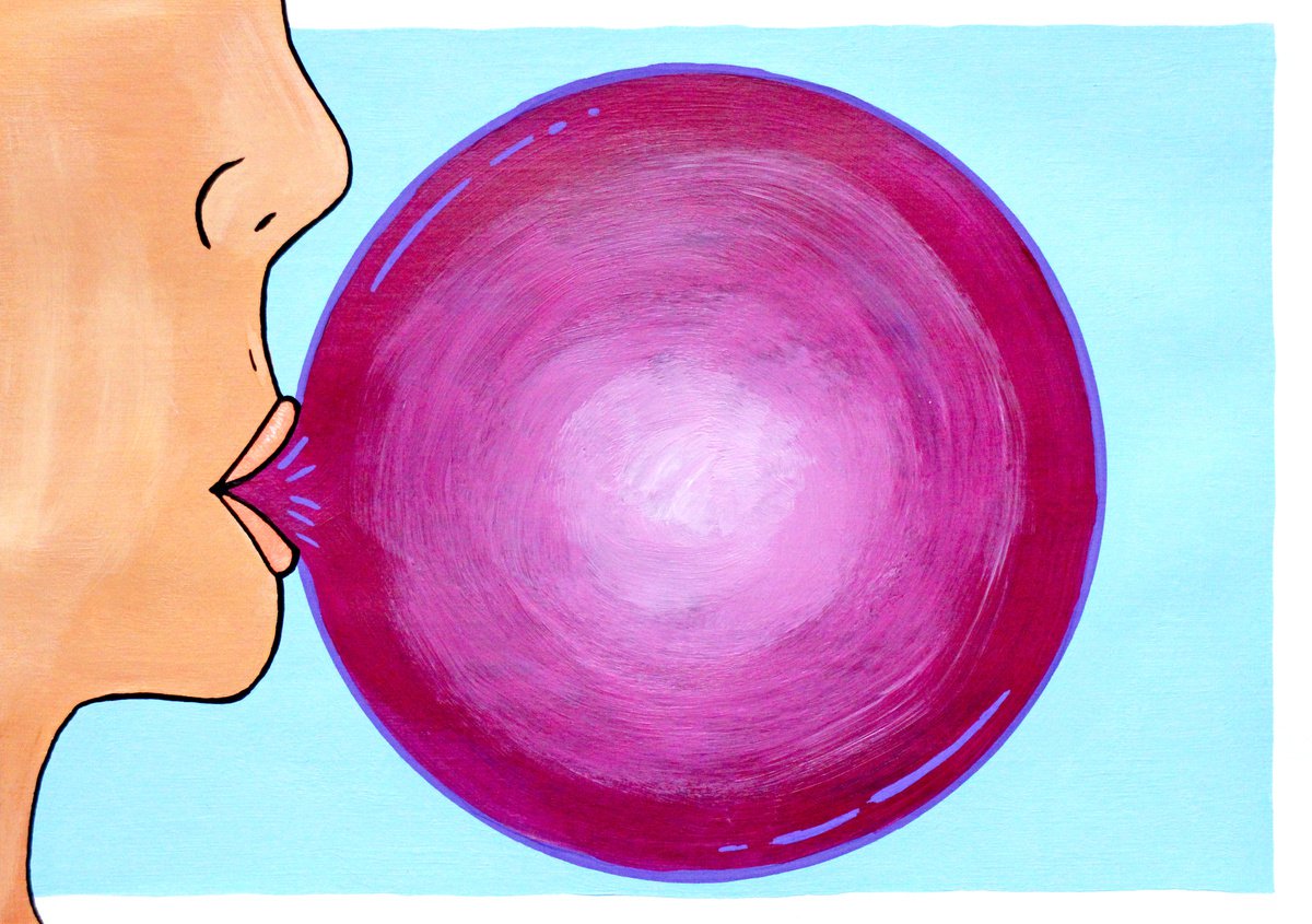Pop! Purple Bubble Gum Pop Art Painting On Unframed Paper by Ian Viggars