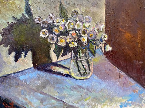 First Spring Flowers in a Glass Vase Still Life