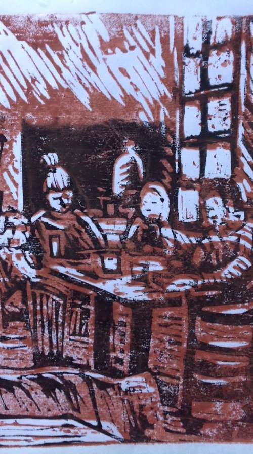 Woodcut café by Sandra Haney