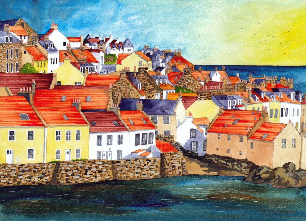 Illustrative Cityscapes Painting By Terri Smith, 16 X 12", Pittenweem Sunrise, Original Artwork