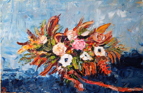 Palette knife impasto oil painting on canvas Autumn flowers