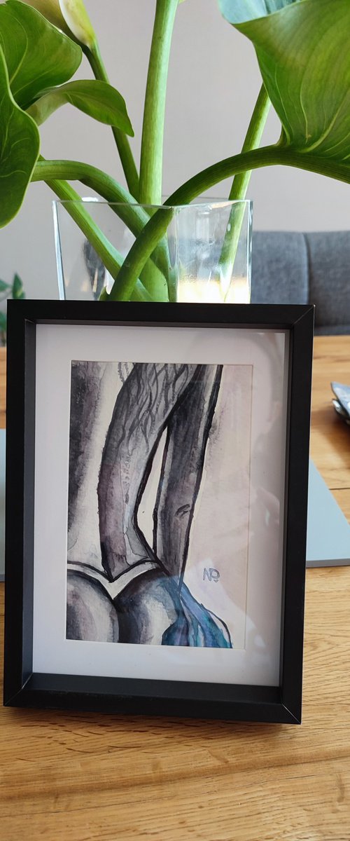 Erotic beauty, original gestural nude black and white painting, framed by Nataliia Plakhotnyk