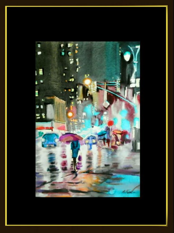 Under rain, large watercolor 70x100 cm