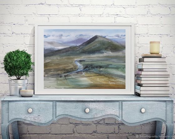 Watercolor painting Landscape Mountains River Field