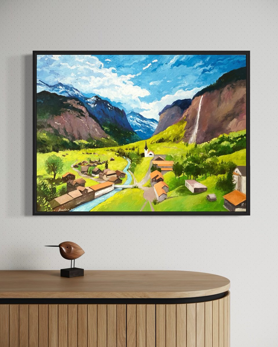 Impressionistic Landscape Oil Painting By Volodymyr Smoliak, 31 X 24", Lauterbrunnen, Original Artwork