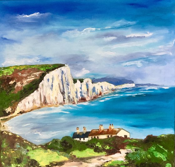 SEVEN SISTERS,   CLIFFS, SUSSEX , ENGLISH LANDSCAPE, OIL PAINTING. OFFICE URBAN WALL ART