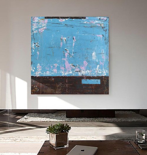 Abstract "Blue Window" 36x36" Contemporary Art by Bo Kravchenko by Bo Kravchenko
