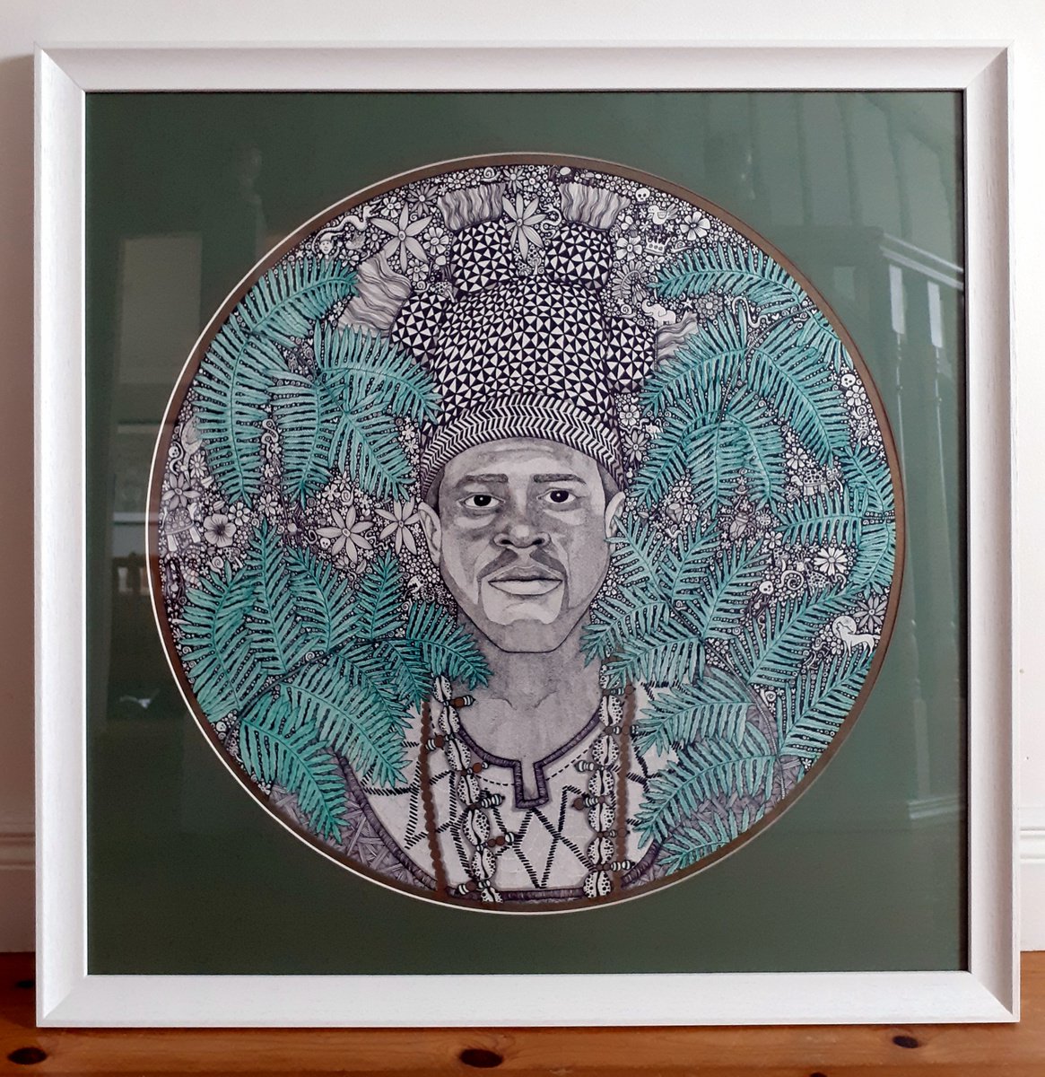 Illustrative Portrait Ink Drawing By Terri Smith, 27 X 27", Mansa Musa: Portrait Of An Ancient African King, Original Artwork