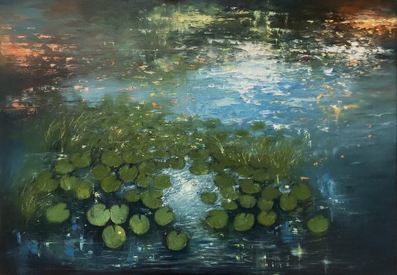 "Waterlilies pond"- large original oil painting by Artem Grunyka