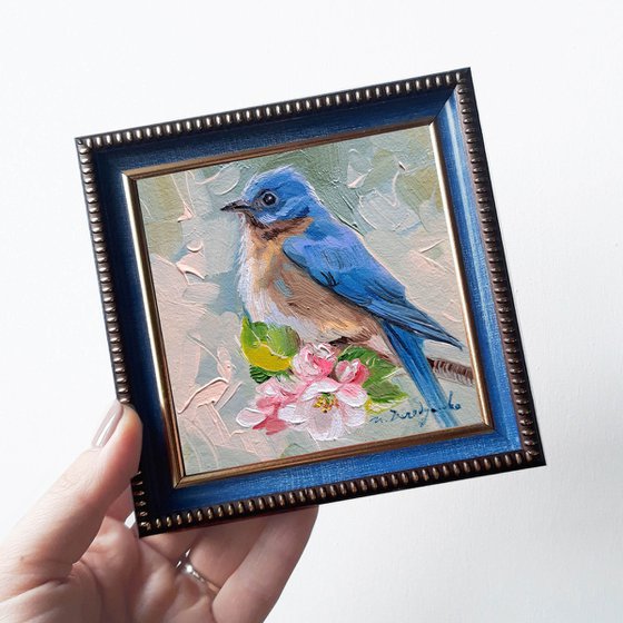 Bluebird on blossom branch painting