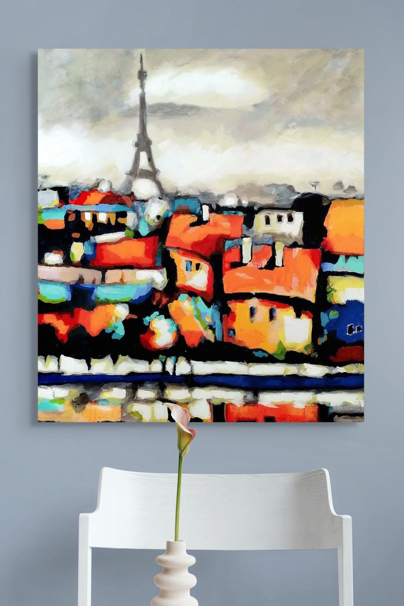 Abstract Cityscapes Oil Painting By Evgen Semenyuk, 28 X 31, Lights Of Paris, Original Artwork