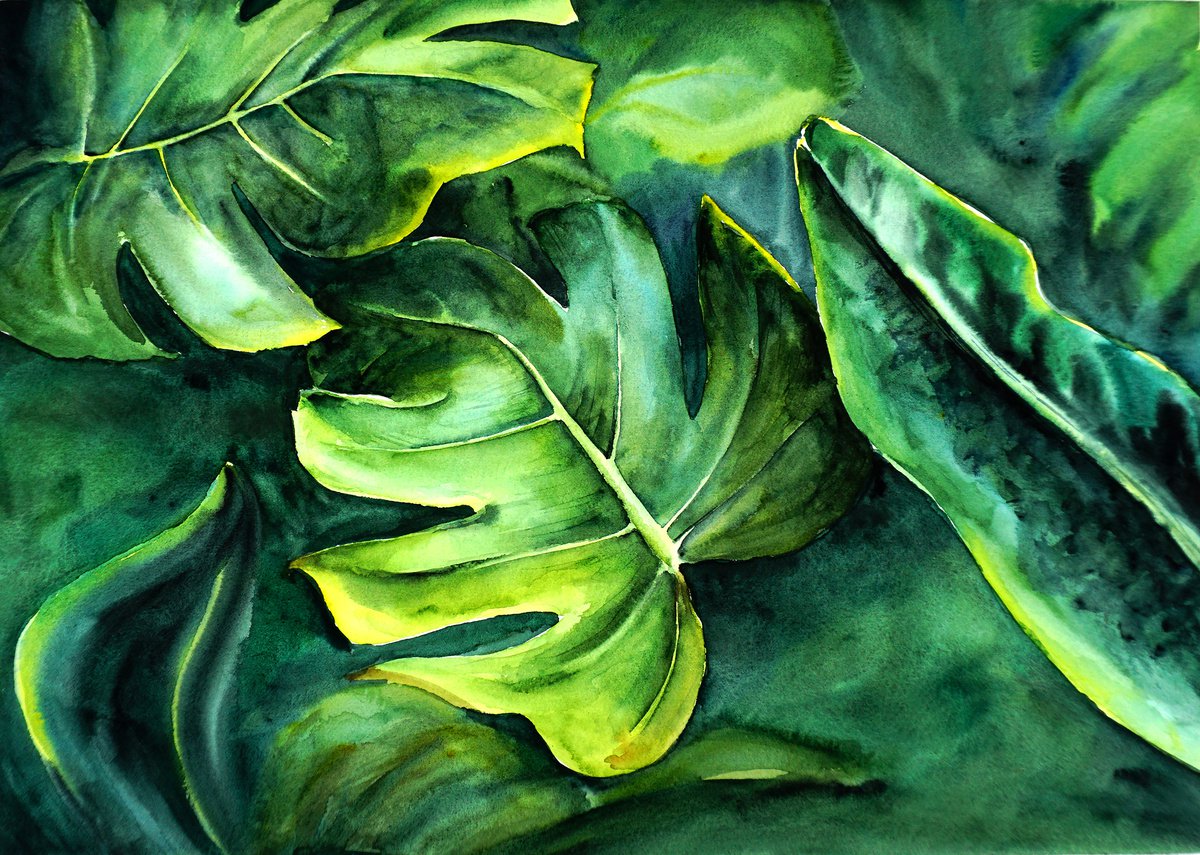 Tropical Palm Leaves - Exotic Watercolor - ORIGINAL Art by Yana Shvets