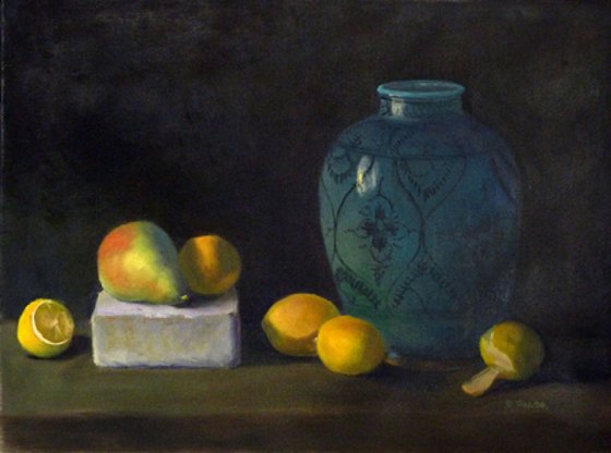 Turquoise Vase with Pear and Lemons