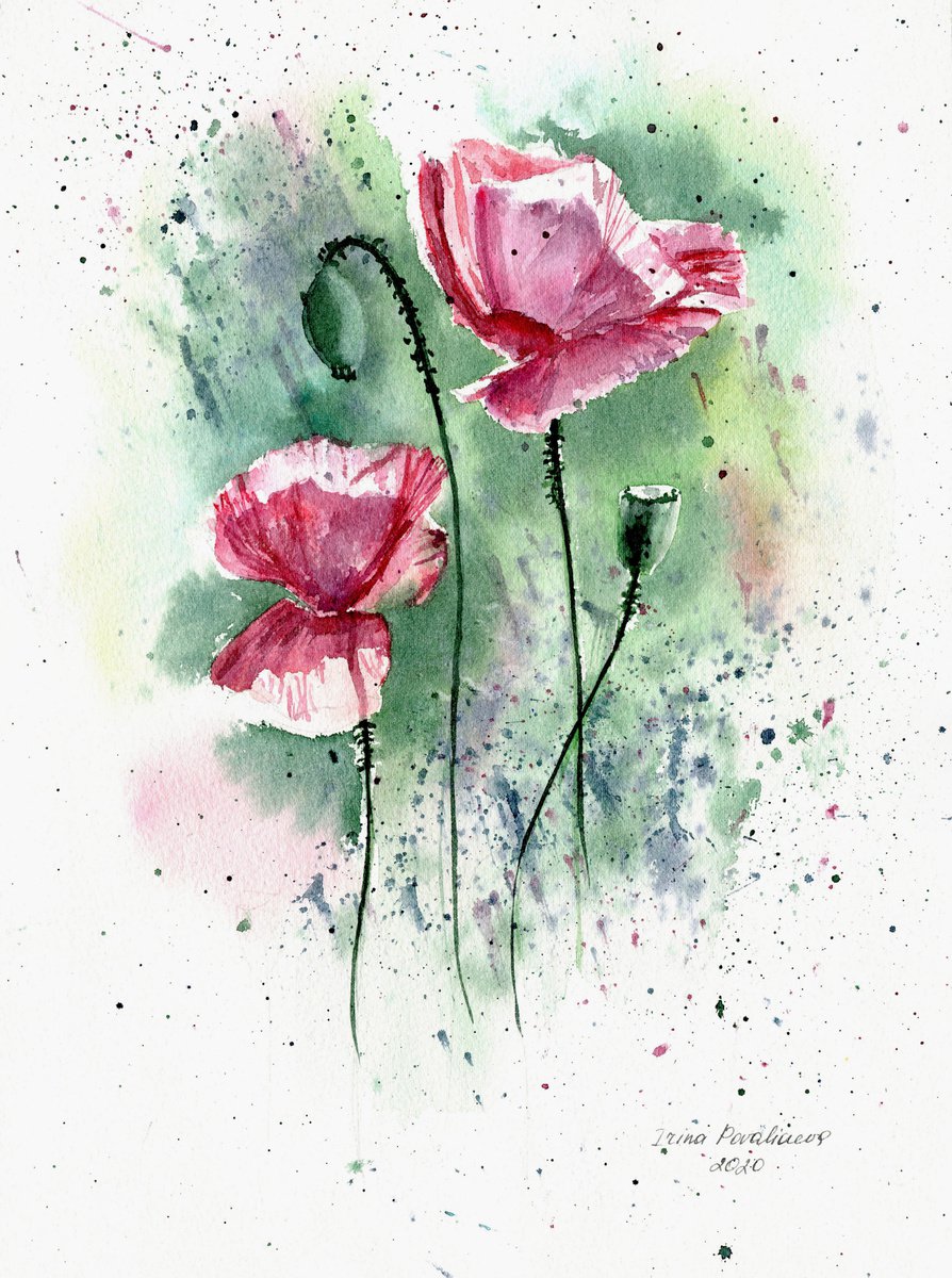 Pink poppy original artwork, still life watercolor painting, floral wall art, farmhouse... by Irina Povaliaeva