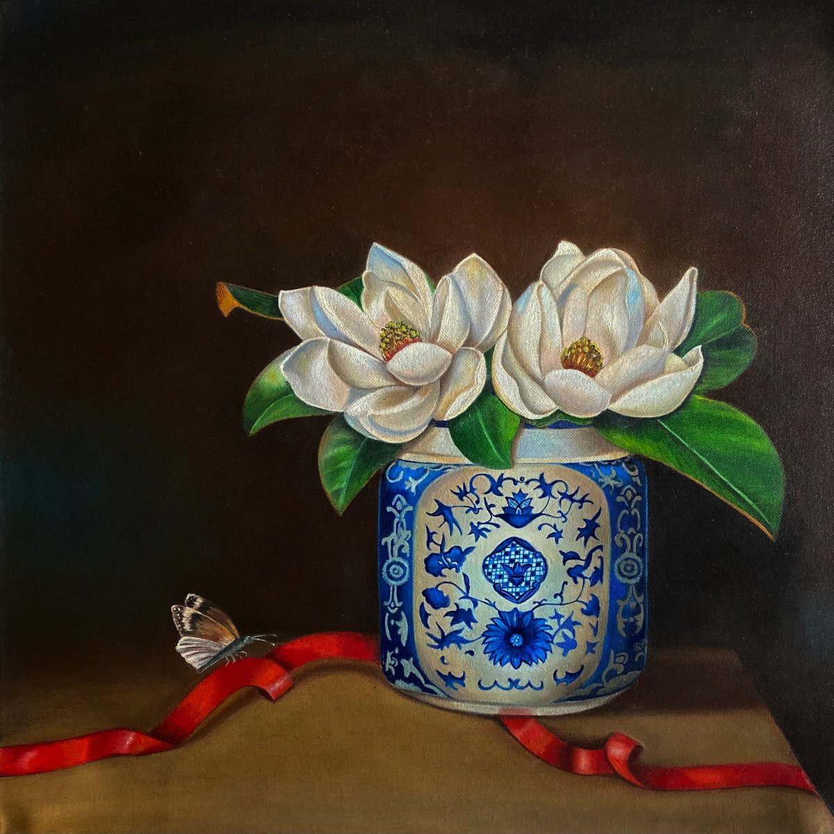 Photorealistic Still Life Oil Painting By Priyanka Singh, 20 X 20", Magnolias And Butterfly, Original Artwork