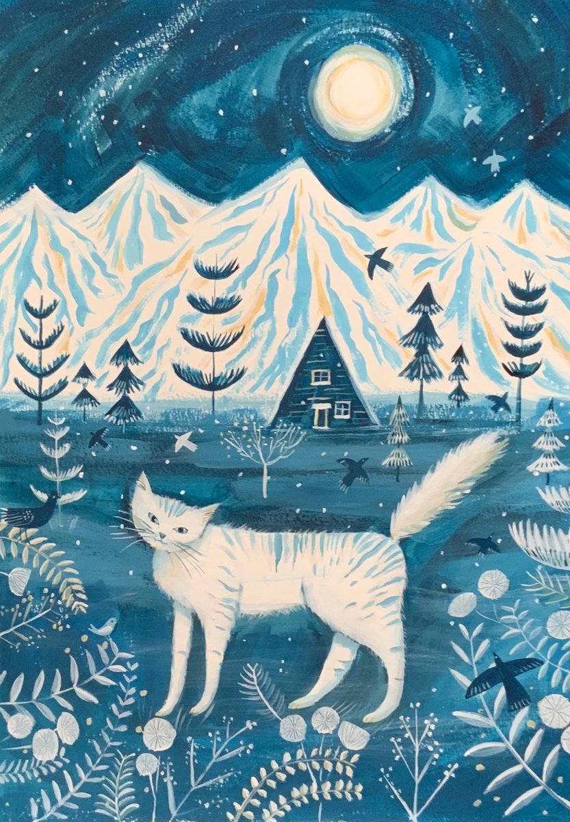 Naive Animal Acrylic Painting By Mary Stubberfield, 13 X 19", White Cat In A Blue Winter, Original Artwork