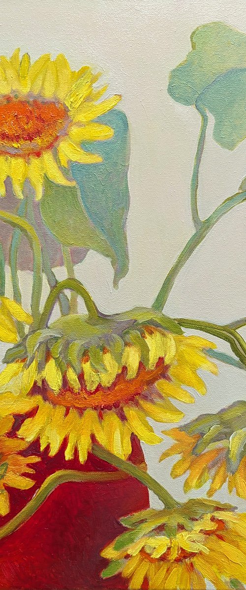 Red wase with Sunflowers. by Veta  Barker