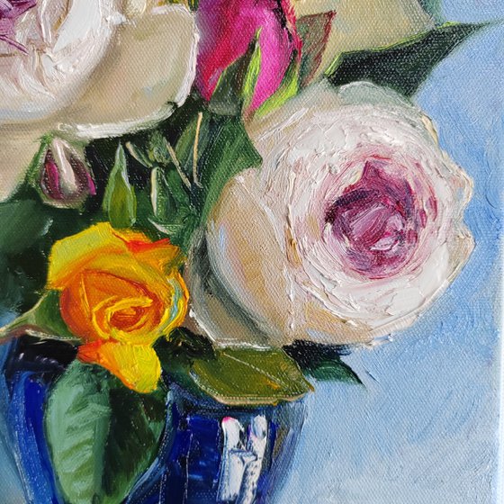 Pink and white roses bouquet in porcelian vase oil painting original still life 10x12"