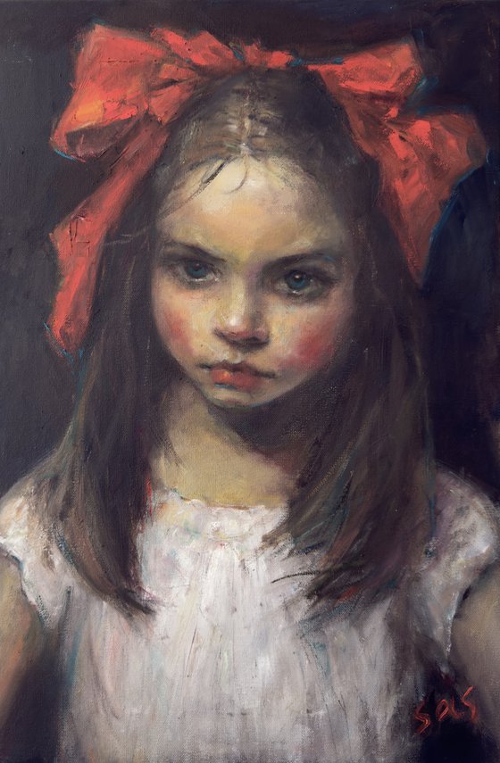 Girl with a red bow. Before.