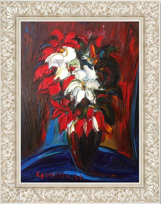 BOUQUET - still life with flowers,  red black blue, floral art,  original oil painting, winter flowers,  impressionism art office interior home decore, small size gift 70x55