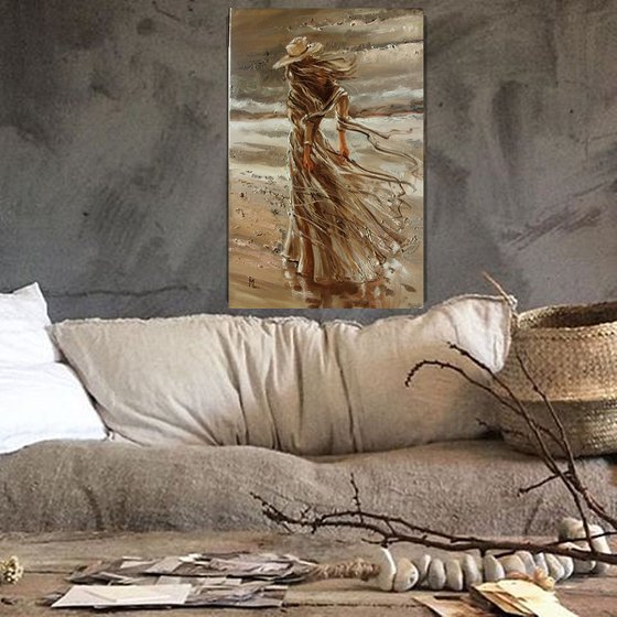 " LADY IN GREY ... "- SEA SAND liGHt  ORIGINAL OIL PAINTING, GIFT, PALETTE KNIFE