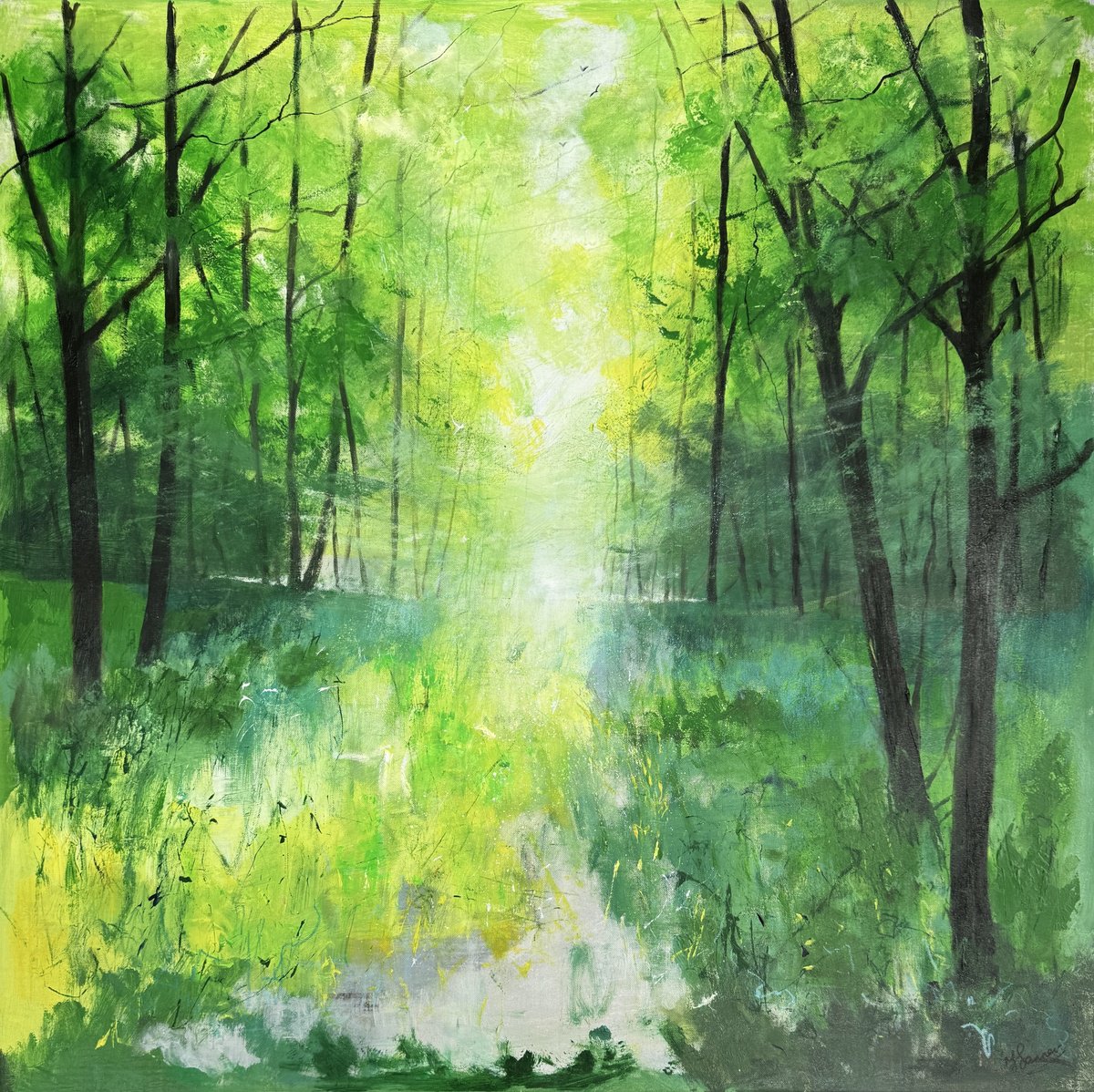 Expressive Landscape Painting By Teresa Tanner, 32 X 32", Misty Spring Woodland, Original Artwork