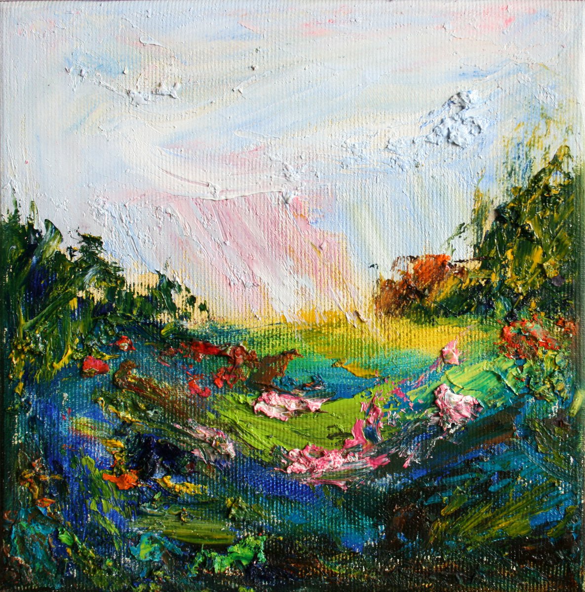 Expressive Abstract Oil Painting By Salana Art / Svetlana Samovarova, 8 X 8", Fantasy Landscapes Ii, Original Artwork