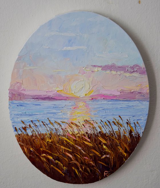 Landscape oval oil painting, sunset seascape wall art, calming decor