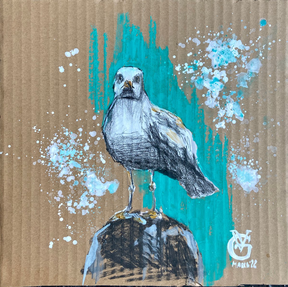 Impressionistic Animal Painting By Valeria Golovenkina, 10 X 10", Seagull In Teal, Original Artwork