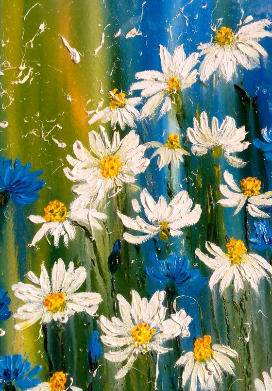 Daisy Painting Floral Original Art Cornflowers Oil Artwork Camomile Painting Meadow Wild Flowers Home Wall Art 12 by 20" by Halyna Kirichenko