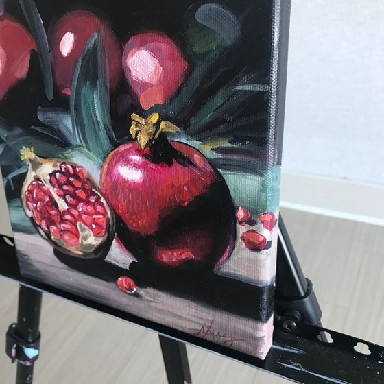 Pomegranates 4 on table still life painting 20x20