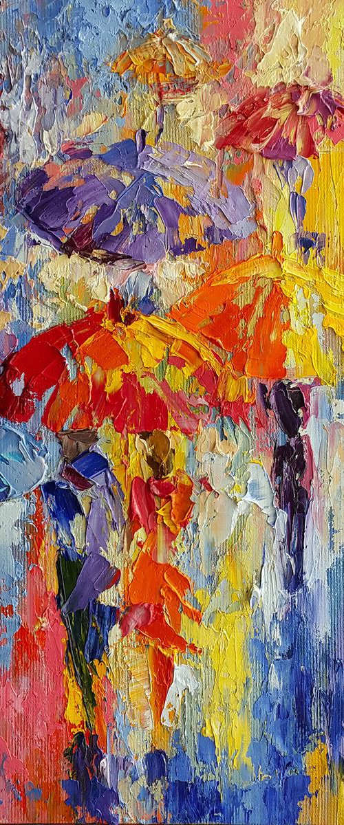 Rain in your favorite city - painting on canvas, umbrella art, people in the rain, oil painting, people art, rain, umbrella, painting canvas, impressionism,palette knife, gift by Anastasia Kozorez