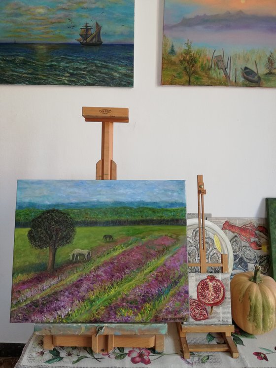 Lavender field miniature painting on a small canvas