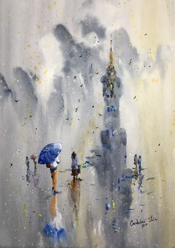 SOLD Watercolor “Lady with blue umbrella” special gift