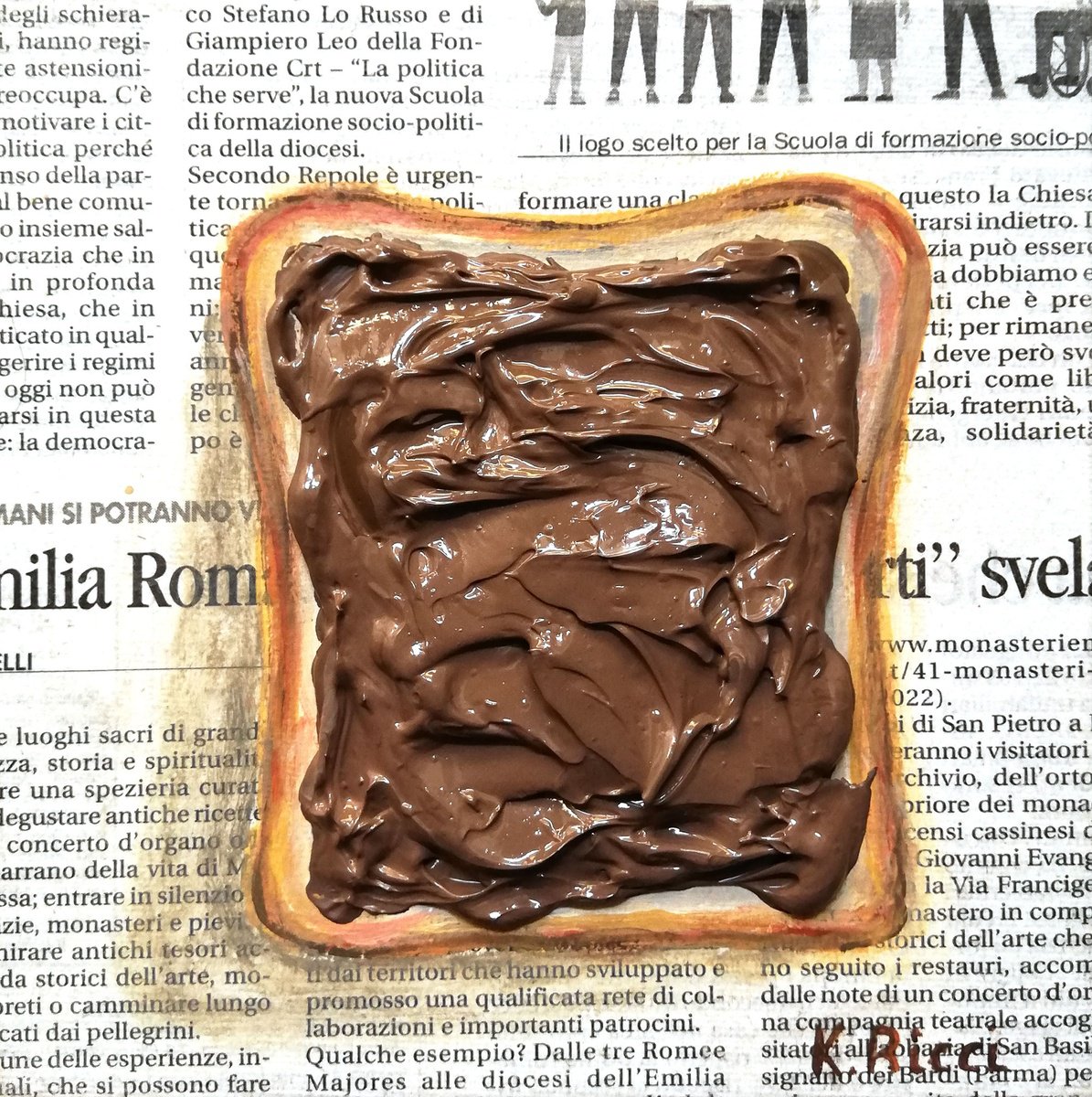 Toast with Nutella Original Acrylic on Canvas Board Painting 6 by 6 inches (15x15 cm) by Katia Ricci