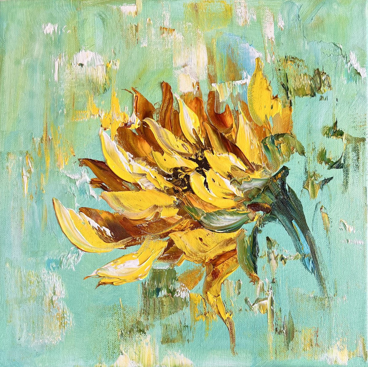SUNFLOWER FLOWER 4 - Yellow flowers on turquoise. Flower paradise in a square. by Marina Skromova