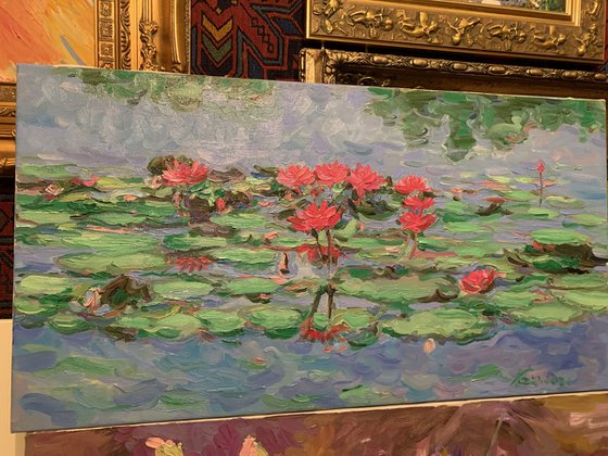 WATER LILY POND - Landscape with rose waterlily - oil painting - small size