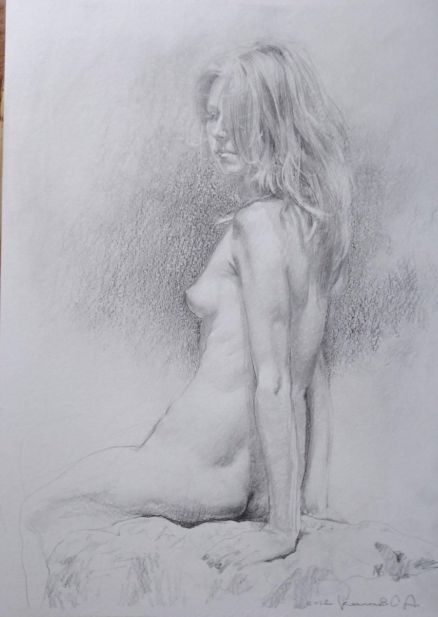 Expressive Portrait Pencil Drawing By Sergey Kostov, 12 X 16", Unawares, Original Artwork