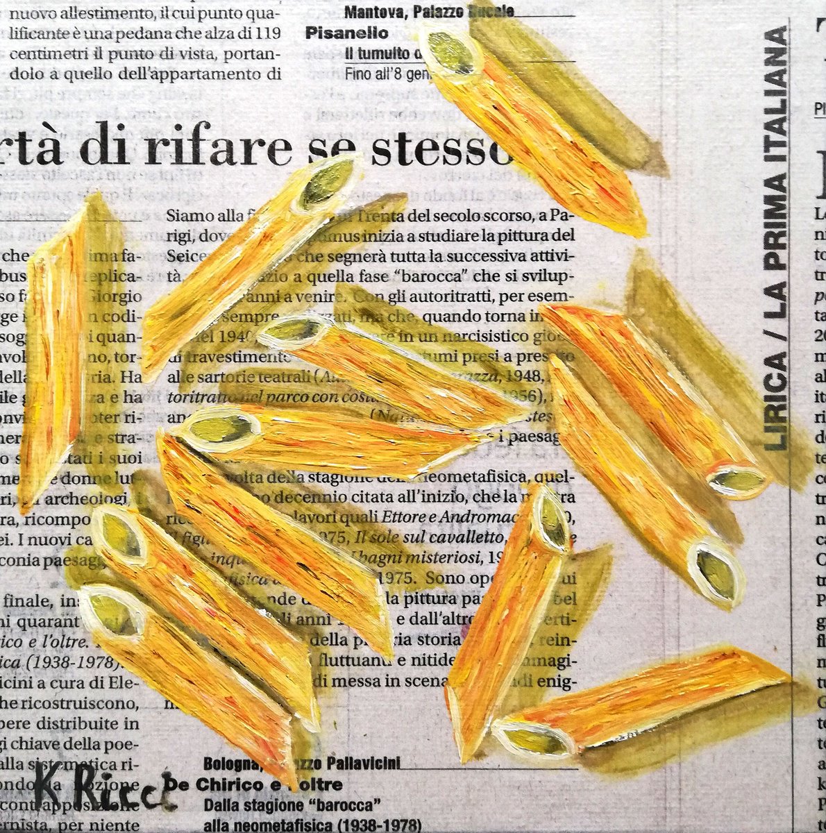 Penne Noodle on Newspaper Original Oil on Canvas Board Painting 6 by 6 inches (15x15 cm) by Katia Ricci