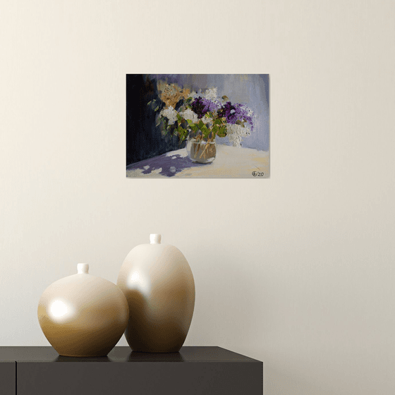 Lilac. Original oil painting. Small impression purple interior detail spring summer