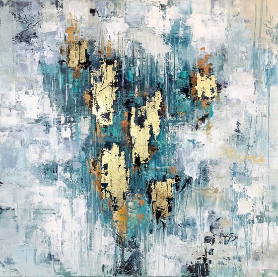 Sky Reflect - Abstract Painting 36" , Gold Leaf Large Painting, Wall Art, Abstract Art, Contemporary Art, Living Room Minimalist Painting