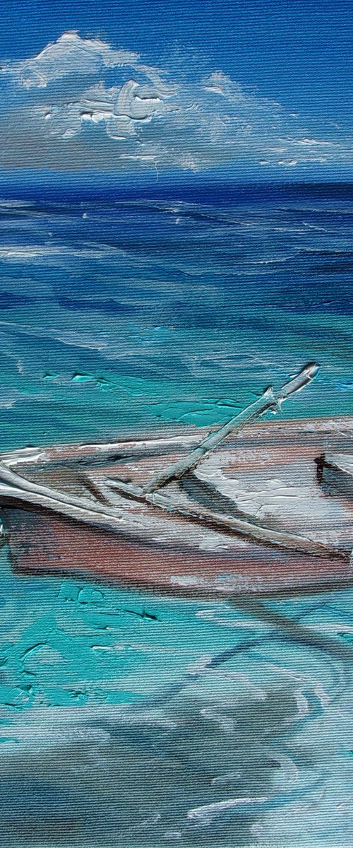 " MORE BLUE " boat SKY SEA SAND liGHt  ORIGINAL OIL PAINTING, GIFT, PALETTE KNIFE by Monika Luniak