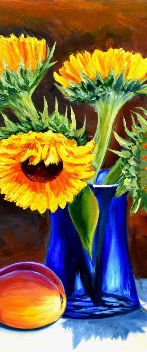 Sunflowers in Blue Vase by Yulia Nikonova