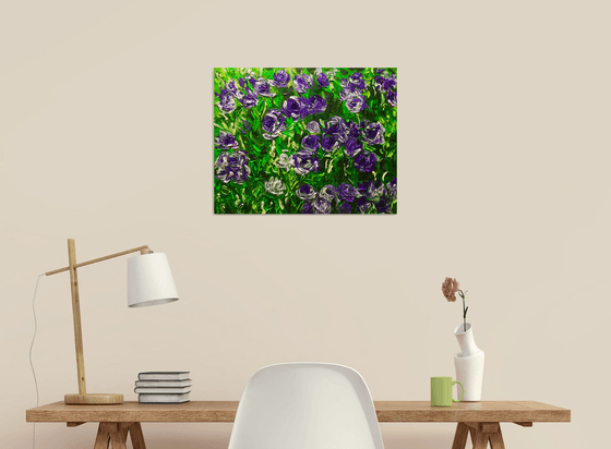 FIELD OF PURPLE PINK WHITE  ROSES  palette knife modern decor MEADOW OF FlOWERS, LANDSCAPE,  office home decor gift