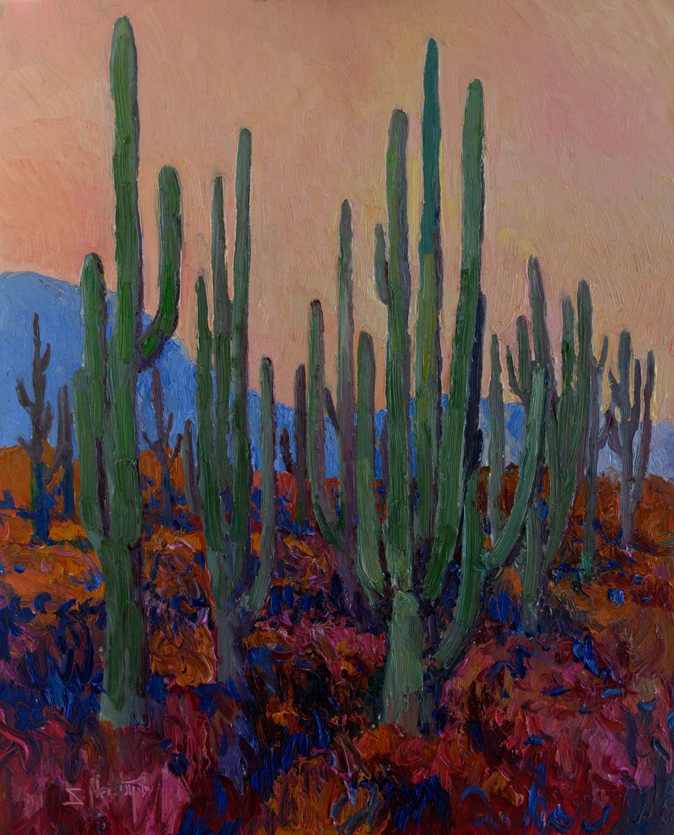 Dusk In The Desert. Saguaros By Suren Nersisyan, 24 X 30, Artwork For Sale On Artfinder
