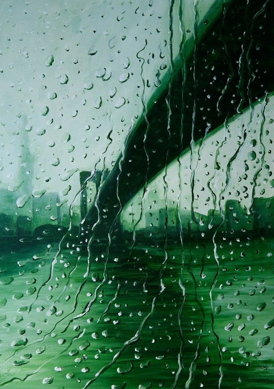 Rain on Brooklyn Bridge - Rain New York Decor Home Office Painting