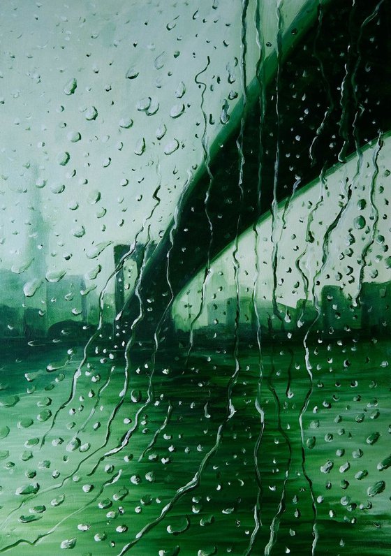 Rain on Brooklyn Bridge - Rain New York Decor Home Office Painting