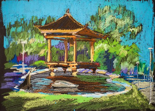 Pagoda. Japanese garden. Sunny urban natural impressionistic landscape. Medium size oil pastel impressionistic interior painting travel decor Spain Madrid by Sasha Romm