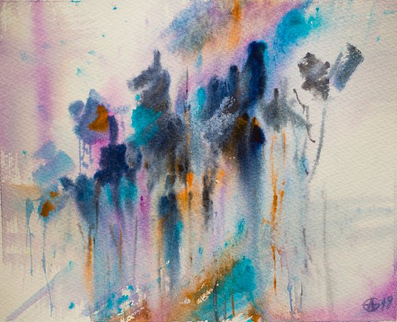 Autumn forest. Abstraction. Original watercolor impression blue moody interior minimalistic