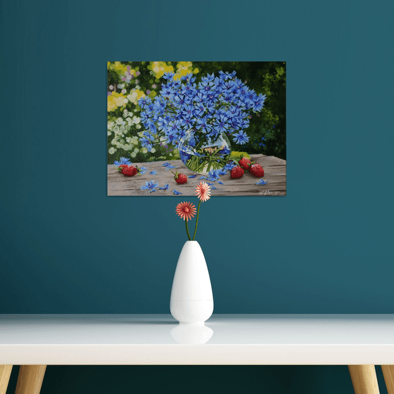Sunlit Blue Cornflowers with Strawberries
